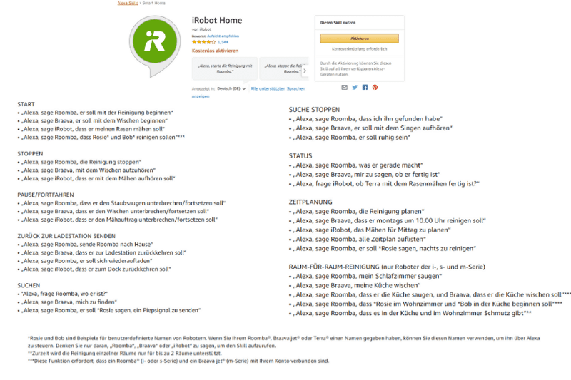 Eine Tabelle mit den Sprachbefehlen für den Roomba Saugroboter ist zu sehen.